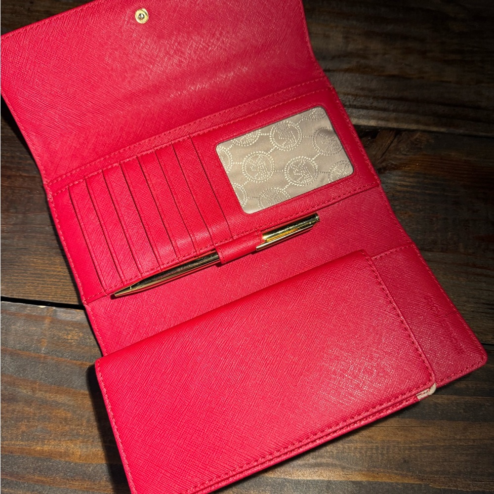 Michael Kors Jet Set Travel Leather Checkbook Wallet chili red with gold accents